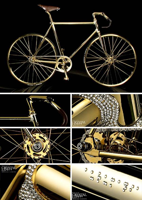 A bicicleta de ouro e cristais svarovski custa cerca de 100 mil reais