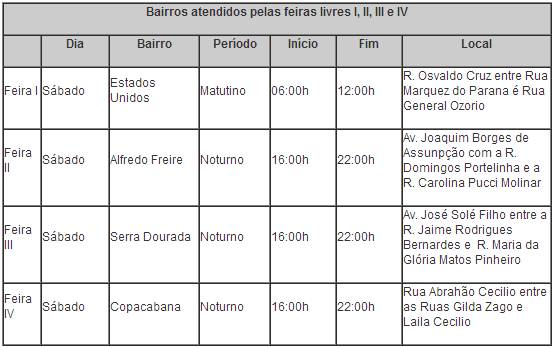 Calendário 3 das feiras livres em Uberaba Calendário 3 das feiras livres em Uberaba